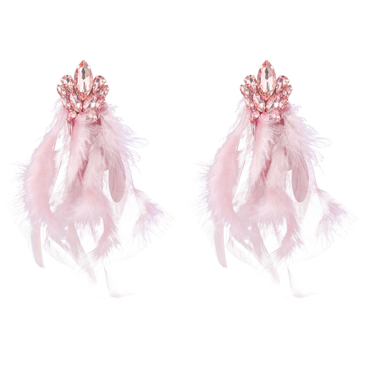 Boucles d'oreilles femme à pompon en plumes longues et fleur de diamant