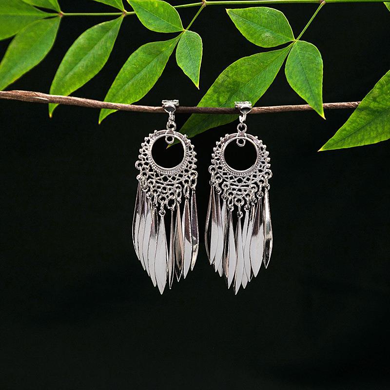 Women's Ethnic Geometric Tassel Ear Clip Miao Sier Retro Elegant Earrings