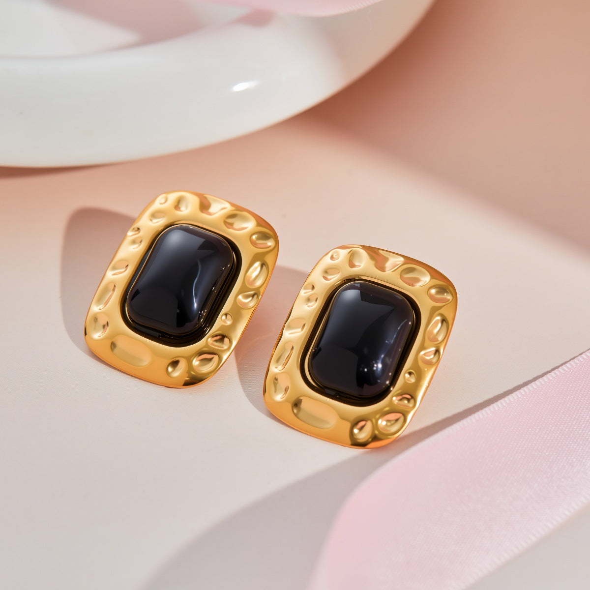 Women's Colored Gems Rectangular Hammered For Niche Earrings