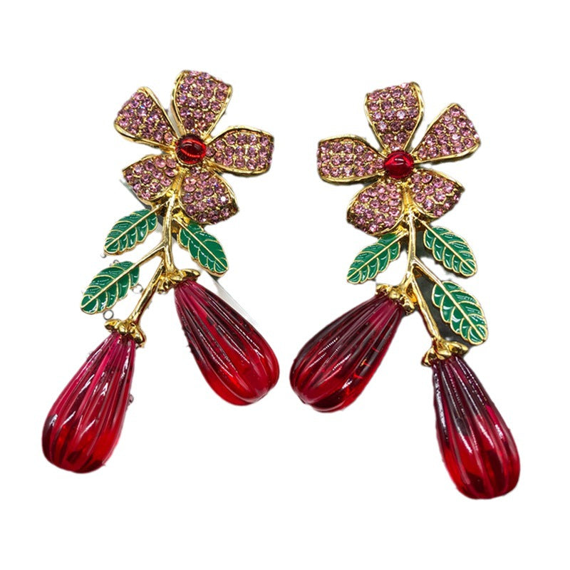 Lux Leaves Flower Mid-length Gold-plated Red Earrings