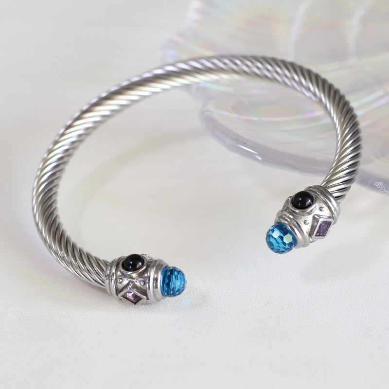 Wire Stainless Twisted Colorful Zircon Couples Openings Bracelet