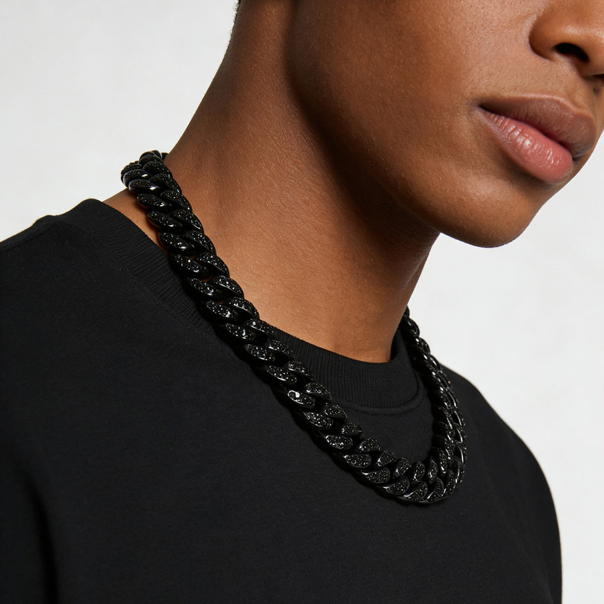 Men's Hop Style Black Full Diamond Cuban Link Chain Stitching Necklaces
