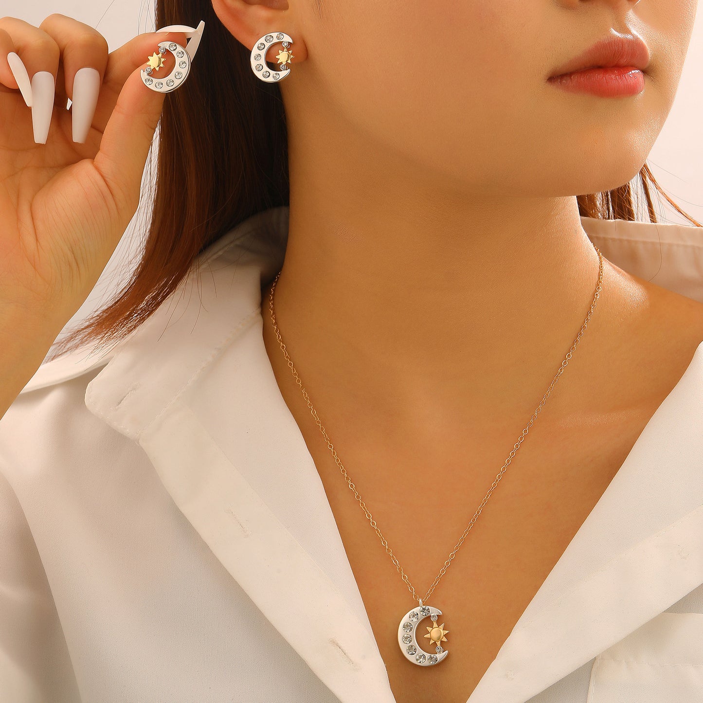 Copper Inlaid Zircon Sun Moon Female Jewelry Set