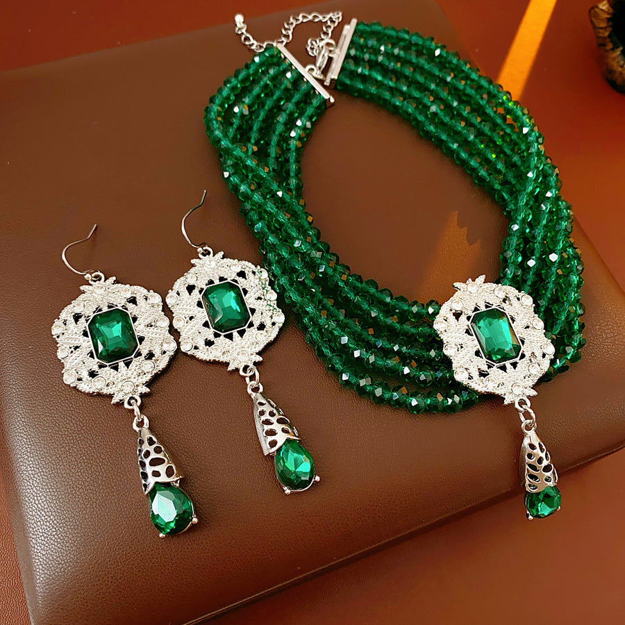 Flower Female Emerald Vintage Clavicle Chain Earrings