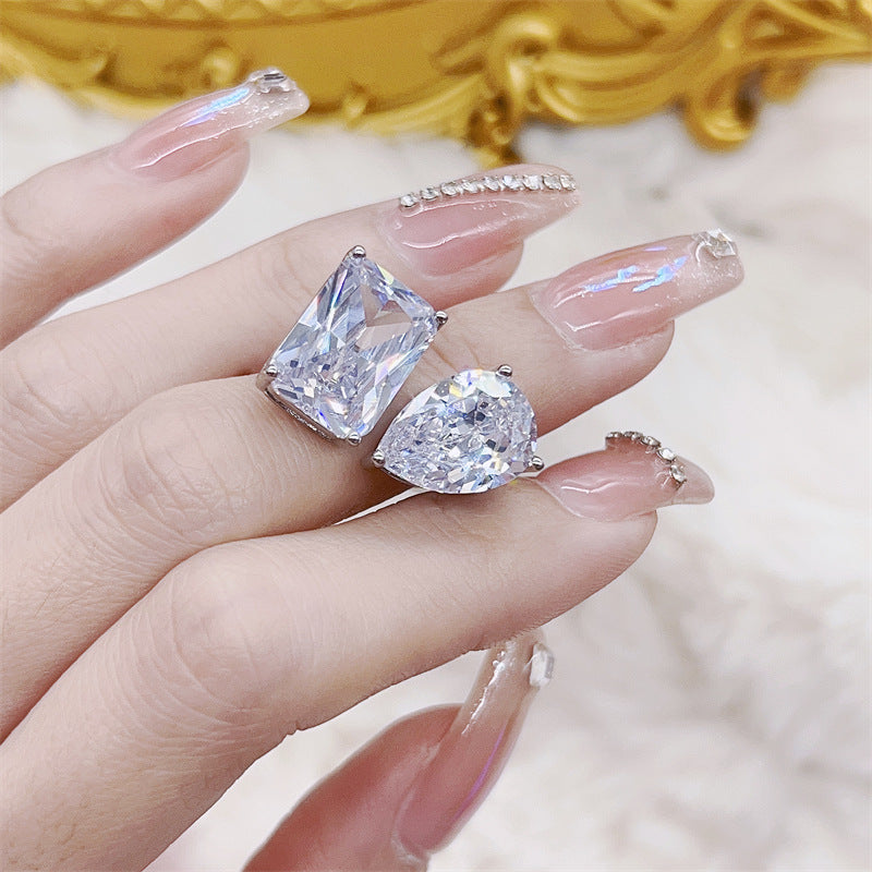Women's Simple Super Flash Water Drop Square Zircon Opening Adjustable Live Rings