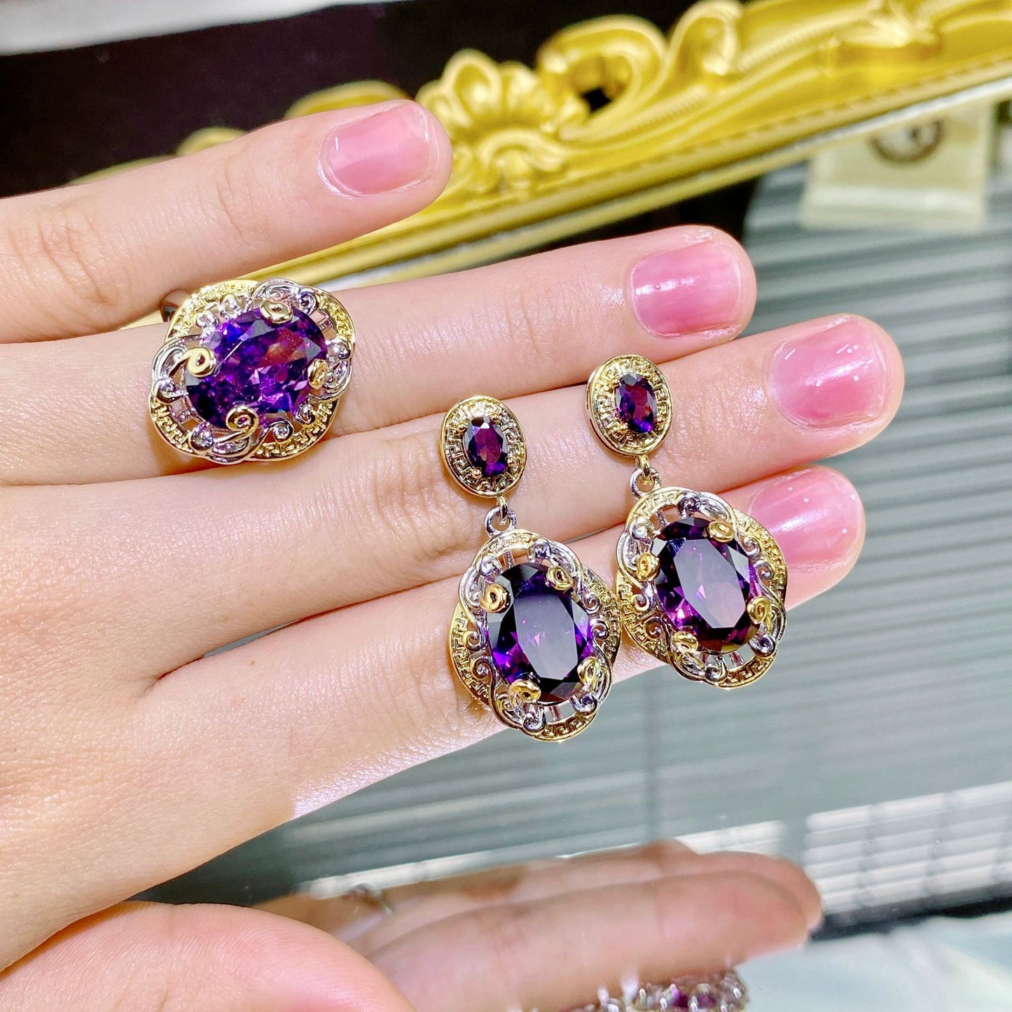 Italian Retro Craft Purple Diamond Gold Amethyst Rings