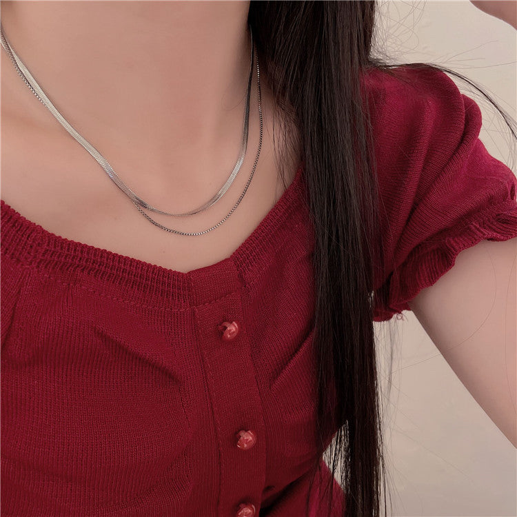 Steel Simple Double Layer Twin Clavicle Chain Necklaces