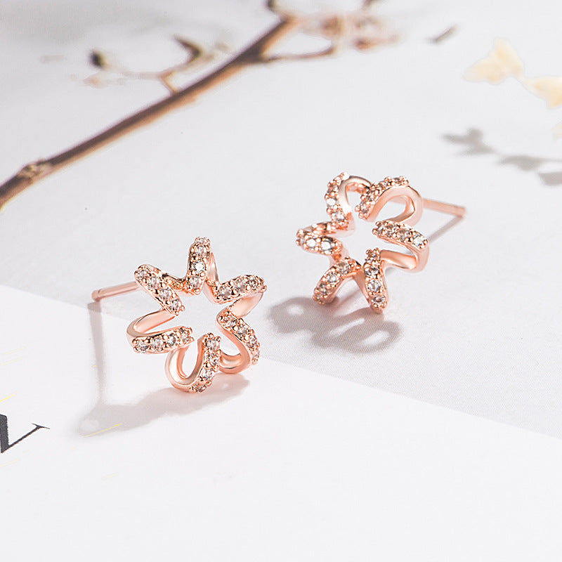 Korean Live Broadcast Hexapetalous Flowers Rose Gold Full Diamond Flower Earrings