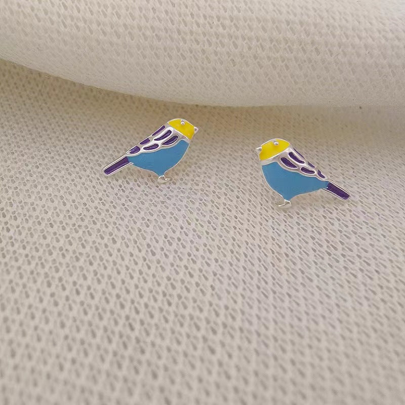 Colorful Bird Ear Female Sier Needle Earrings