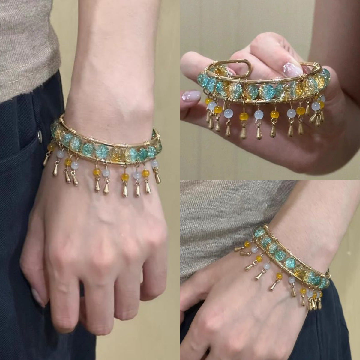 Women's Acrylic Glass Tassel Open-ended Bohemian Ethnic Style Retro Armband Bracelet