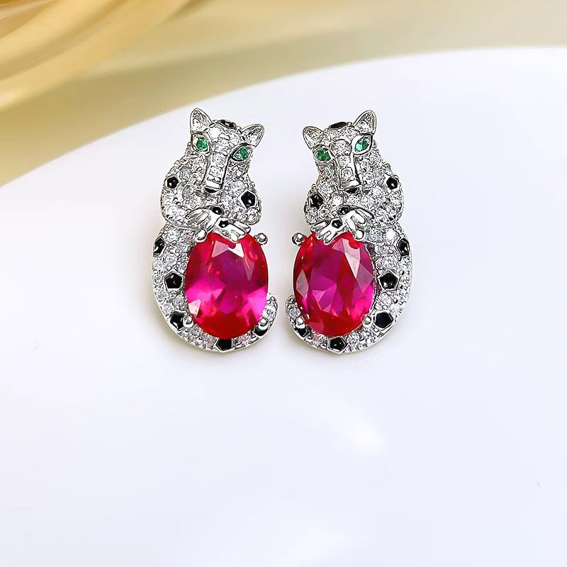 Retro Colored Gems Leopard High Carbon Diamond Light Luxury Earrings