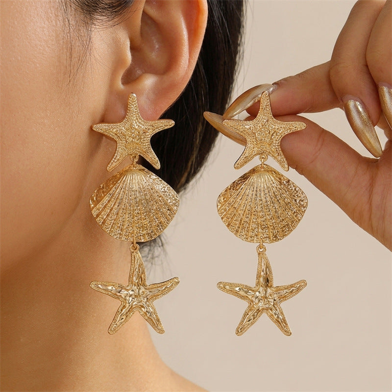 Ocean Style Starfish Scallop Conch Pearl Earrings