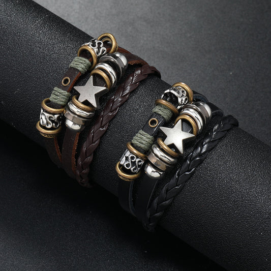 Bracelets tendance en cuir avec étoile à cinq branches et perles