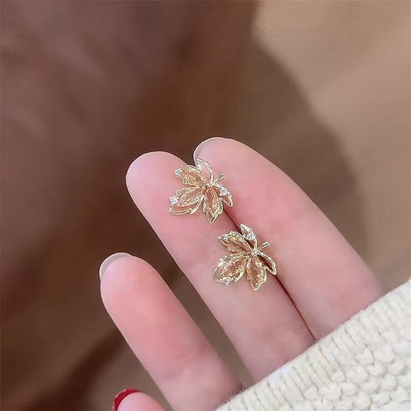 Exquisite Leaf Pearl Flash Zircon Wheat Eardrops Temperamental Rings