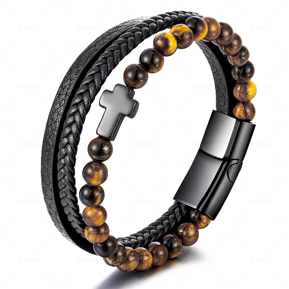 Men's Stainless Steel Natural Tiger Eye Agate Stone Cross Bracelets