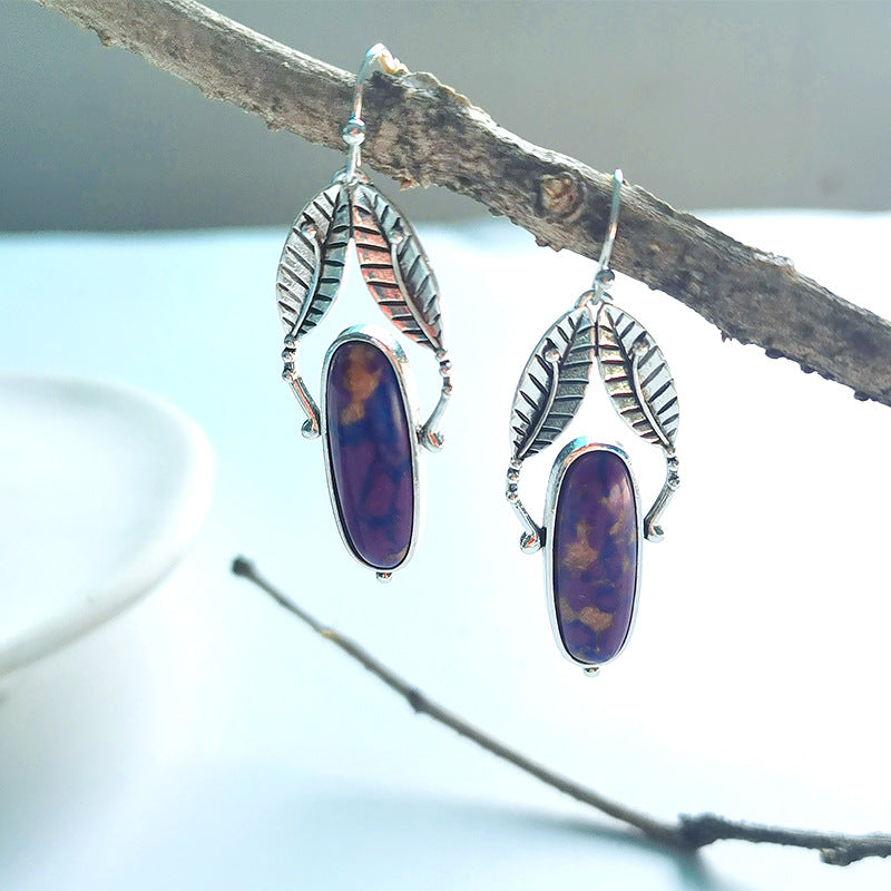 Geometric Purple Turquoise Vintage Leaves Metal Earrings