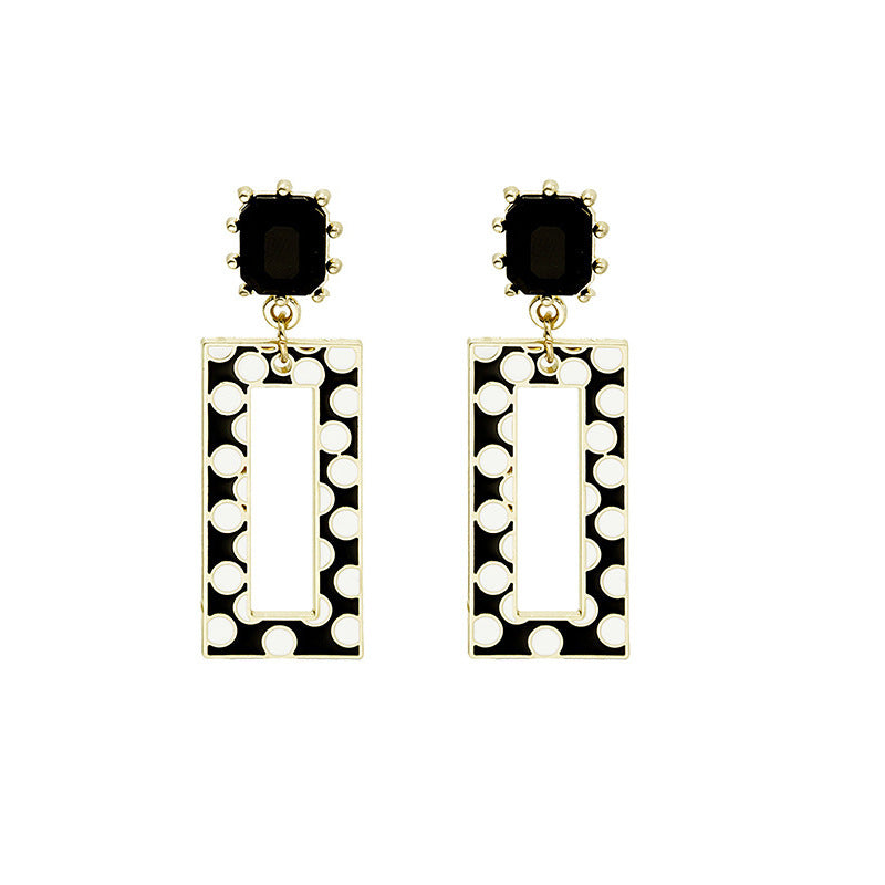 Sier Needle Black And White Polka Dot Drop Earrings