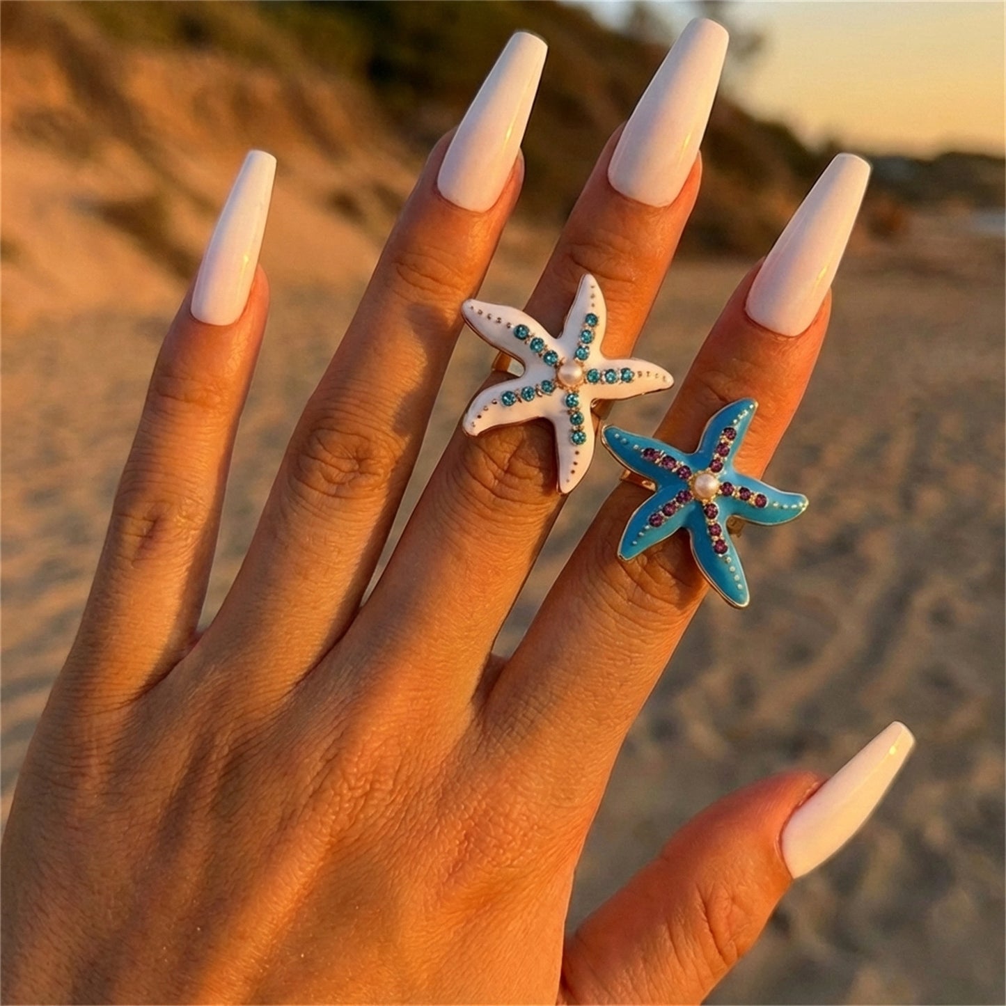 Diamond Starfish Bohemian Summer Vacation Ocean Style Rings