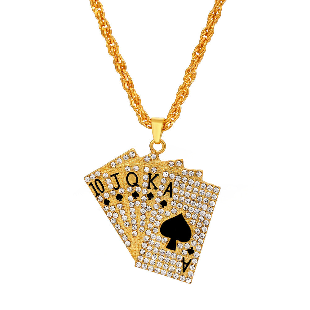 Women's & Men's Hip Hop Diamond Playing Card Design Flush Clavicle Chain Necklaces