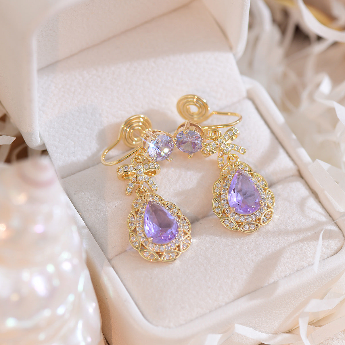 French Entry Lux Design Purple Lolita Bow Earrings