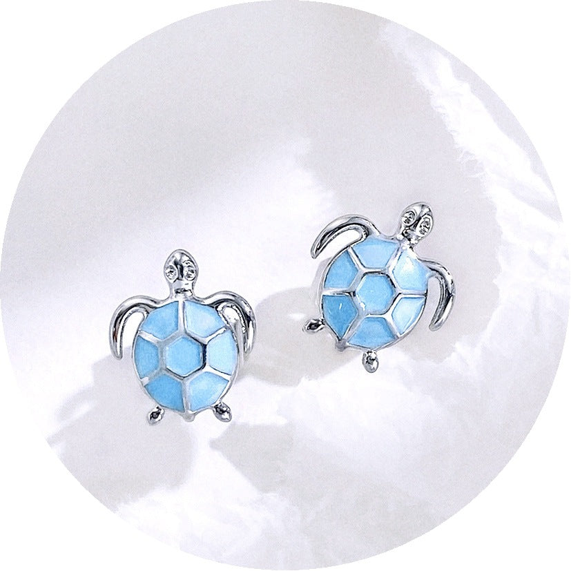 Sier Shi Cute Blue Turtle Ear Dripping Oil Earrings