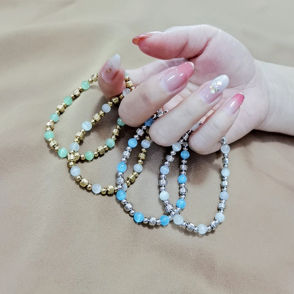 Steel Waterproof Hard-wearing Shiny Opal Round Beads Batch Pattern Elastic Bracelet