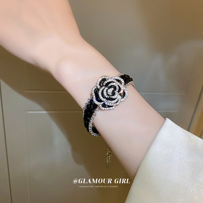 Black Camellia Flower Crystal Light Luxury Bracelets