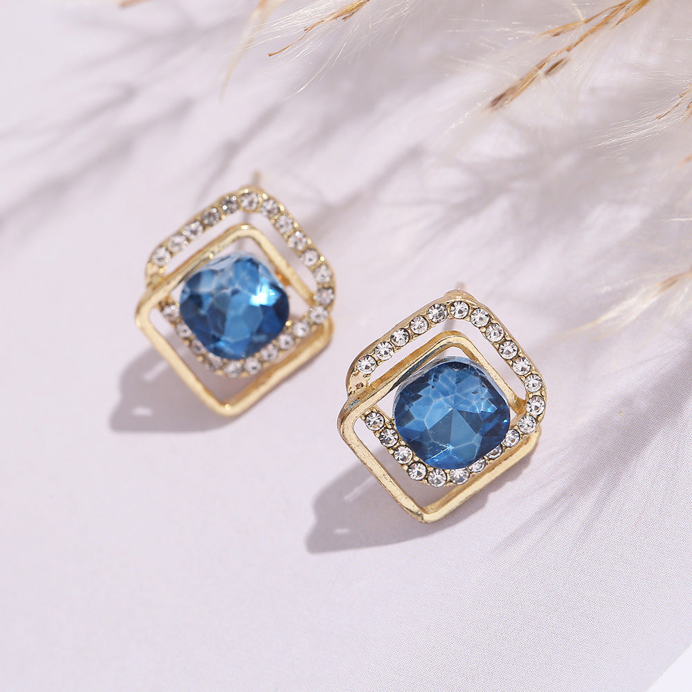 Women's Sier Needle Refined Zircon Blue Diamond Graceful Fashionable Stud Earrings