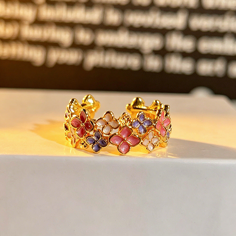 Palace Style Colored Gems Sunflower Open French Retro Flower Twin Ring