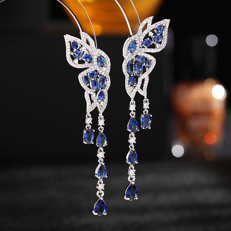 Sier Needle Color Zircon Inlaid Double Flying Long Modified Earrings