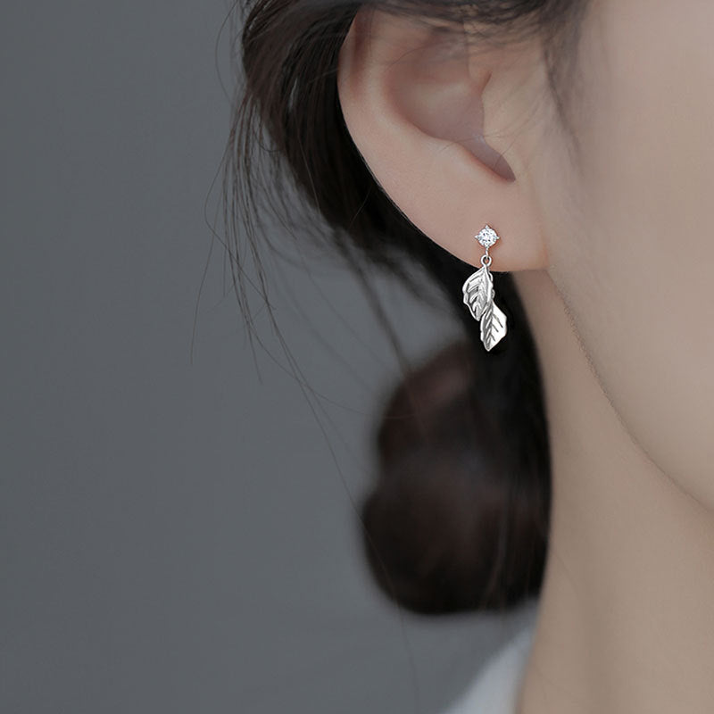 Sier Leaf Diamond Simple Leaf-shaped Fashion Earrings