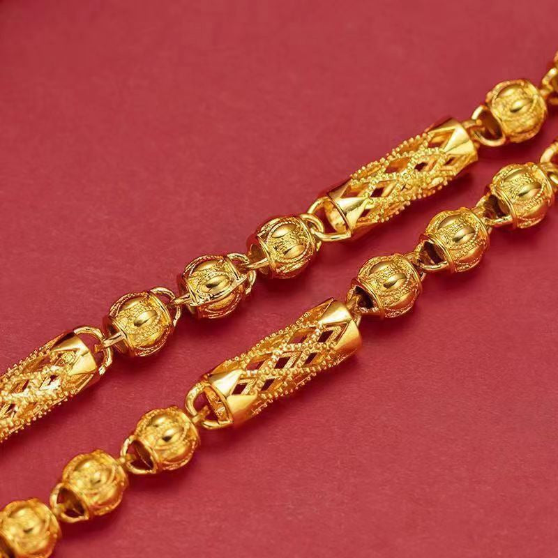 Men's Gold Alluvial Hollow Carved Grid Cylinder With Frosted Round Necklaces