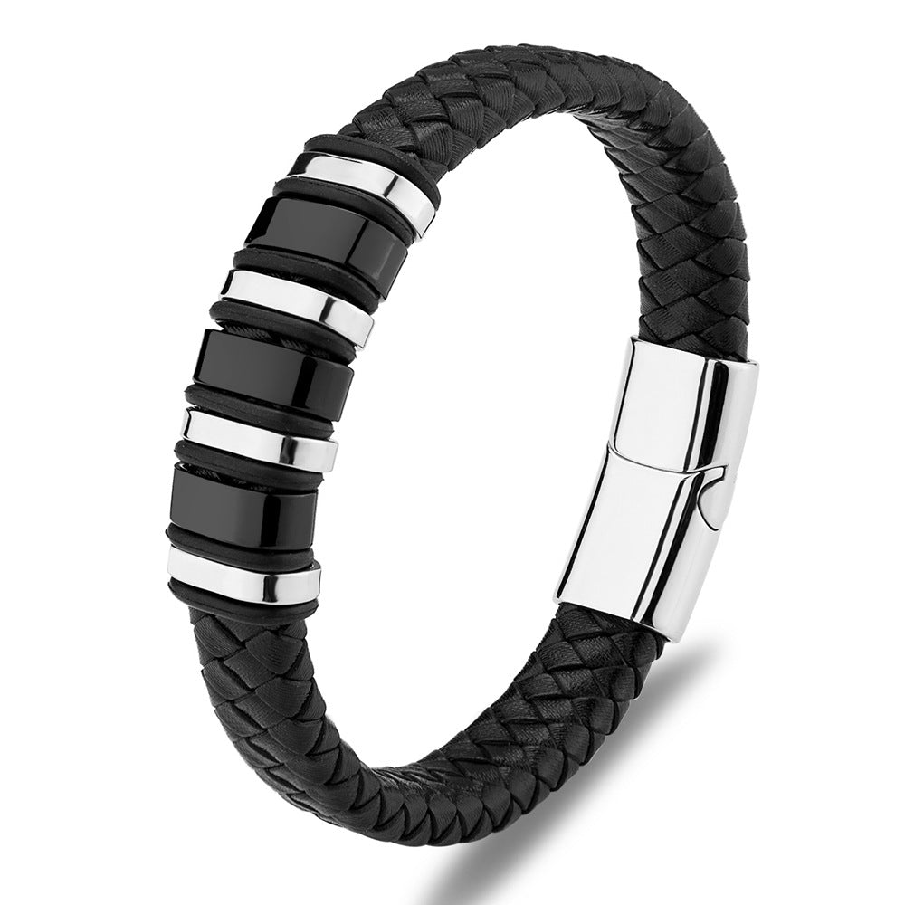 Men's Fashion Woven Rope Black Leather Simple Stainless Steel Bracelets