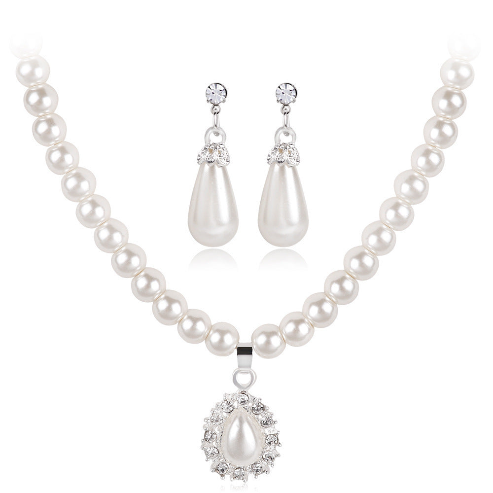 Women's Bridal Wedding Two-piece Dress Rhinestone Pearl Jewelry Set