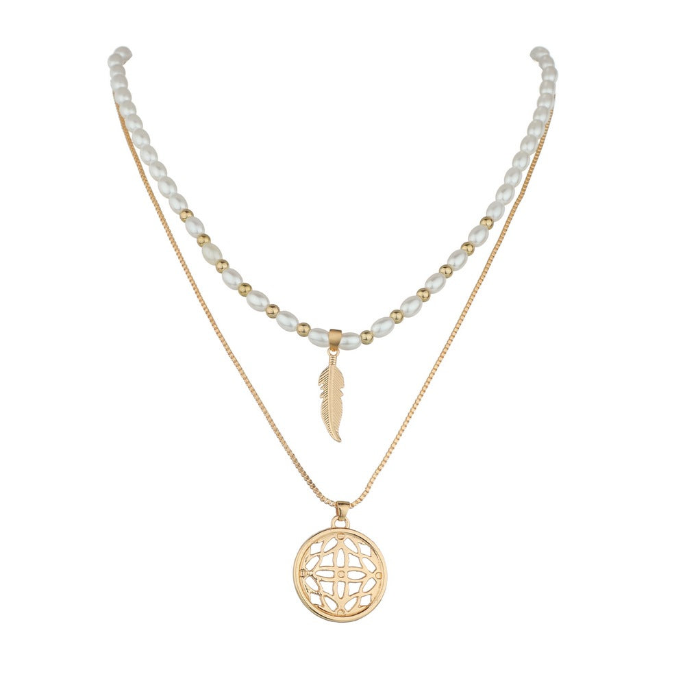 Women's Leaf Pearl Beaded Geometric Disc Pendant Necklaces