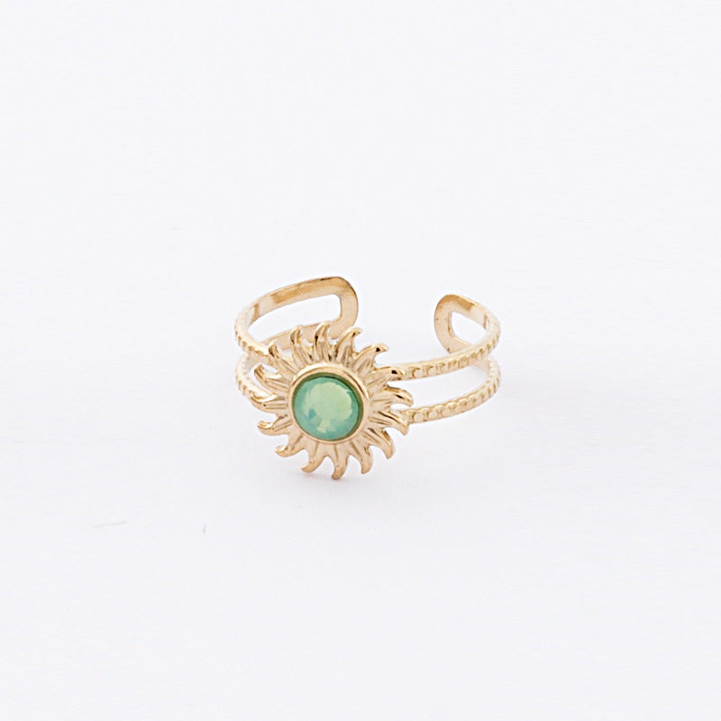 Stainless Steel Ladies Natural Stone Turquoise Shank Retro Ring