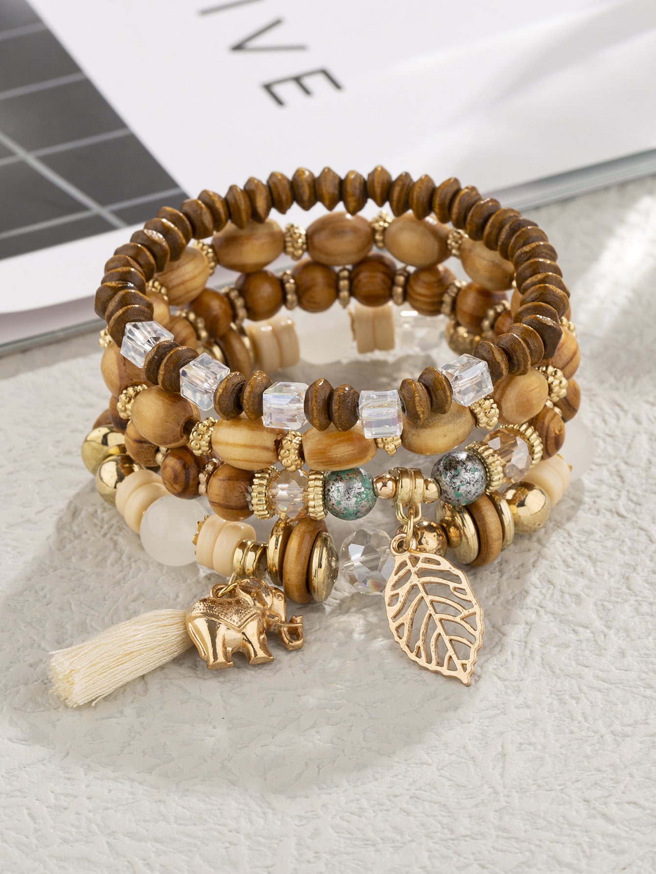 Bohemian Style Wooden Bead Beaded Elastic Elephant Bracelets