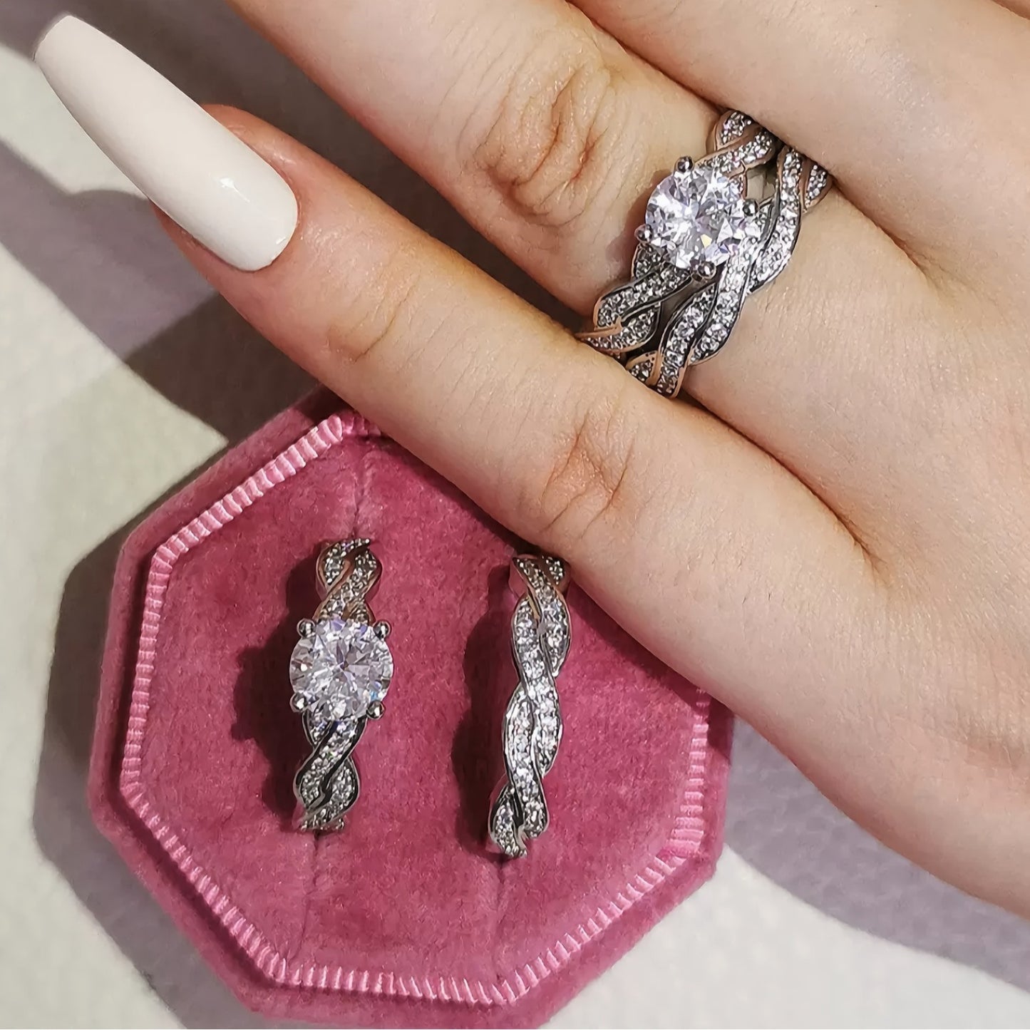 Inlaid White Zirconium Vine Two-piece Diamond Shank Ring