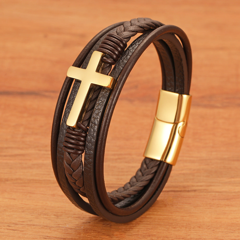 Men's Coffee Color Leather Cross Rope Woven Stainless Steel Genuine Bracelet