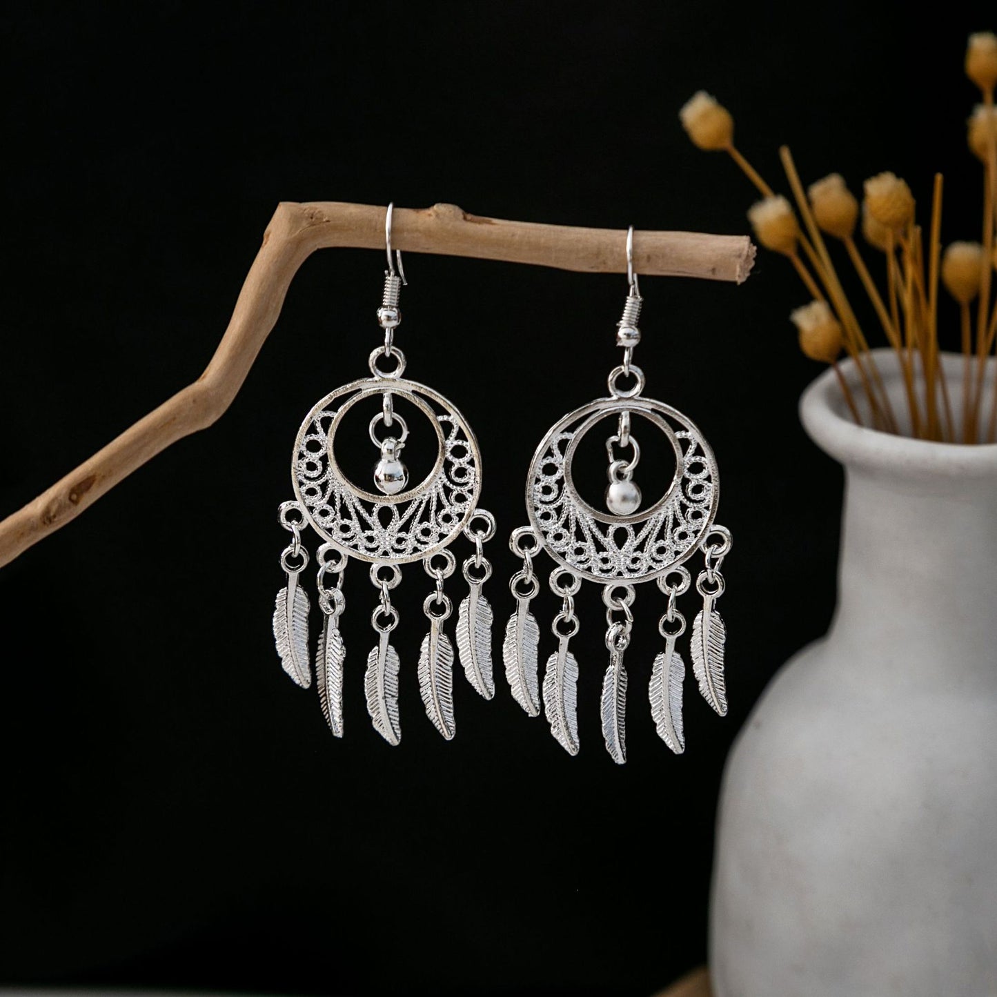 Sier Minority Ethnic Style Personalized Bohemian Flower Earrings