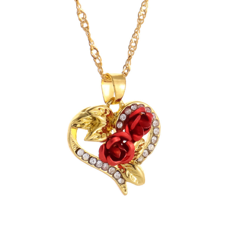 Unique Heart-shaped Red Rose Fashion Diamond Necklace
