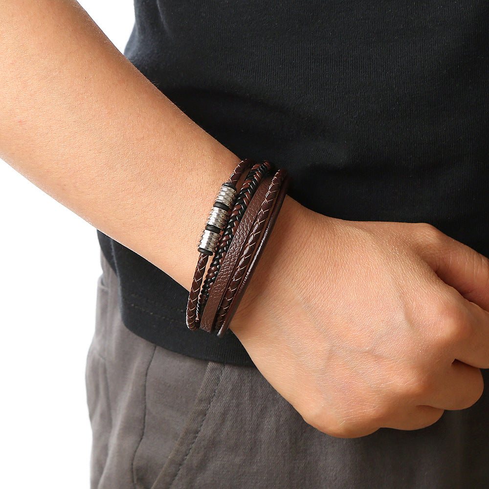 Men's Stainless Steel Woven Leather Magnetic Buckle Bracelets