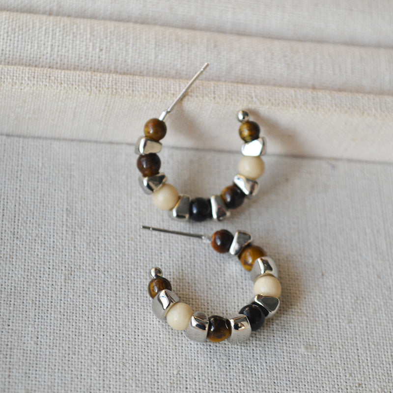 Design Vintage Tigereye Sier Beaded Simple Personality Temperament Ear Rings