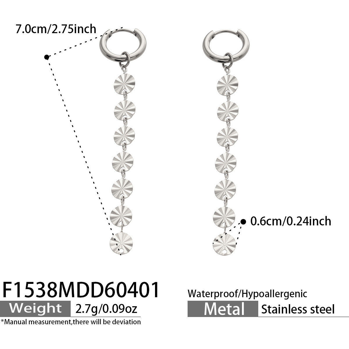 Stainless Steel Gold Wafer Tassel Ear Clip Earrings