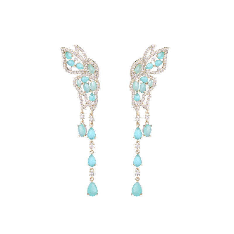 Sier Needle Color Zircon Inlaid Double Flying Long Modified Earrings