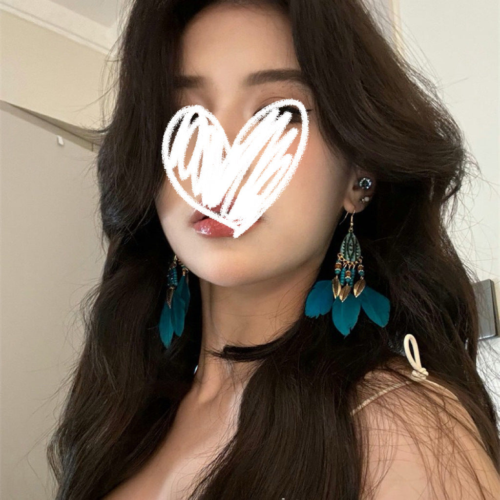 Women's Retro Temperament Blue Long Dress Feather Earrings
