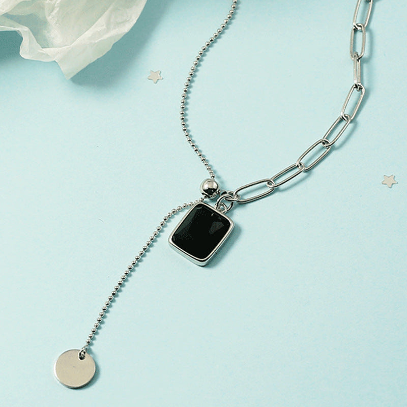 Women's Square Tassel Shaft Pull Geometric Black Agate Necklaces