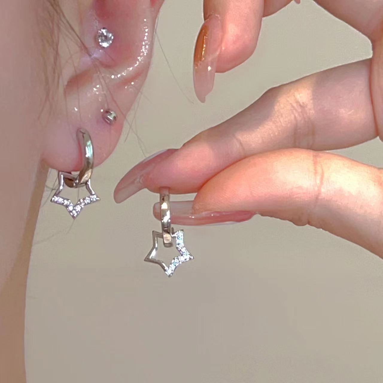 Needle Shining Zircon Star Ear Clip Female Five-pointed Exquisite Refined Stud Earrings