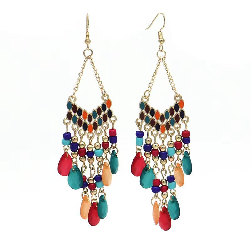 Ethnic Style High-grade Long Beaded Drop Tassel Bohemian Earrings