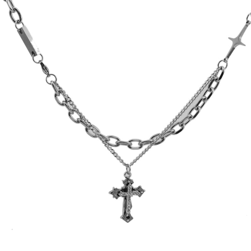 Personality Trendy Diamond Cross Pendant Titanium Steel Hip Hop Necklaces